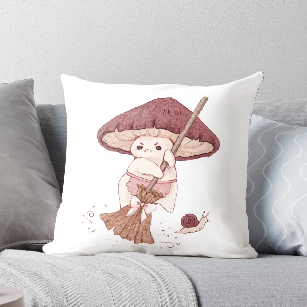 Illustration of a cute mushroom character not wanting to clean the house, with a snail in the background.