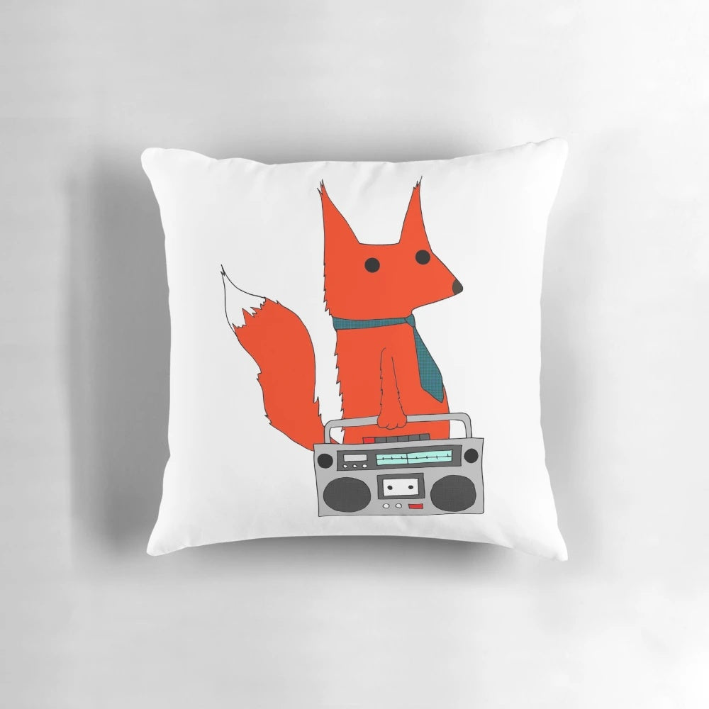 Soft, plush music fox pillow with a cute cartoon design featuring a red fox wearing a tie and headphones.