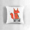 Soft, plush music fox pillow with a cute cartoon design featuring a red fox wearing a tie and headphones.