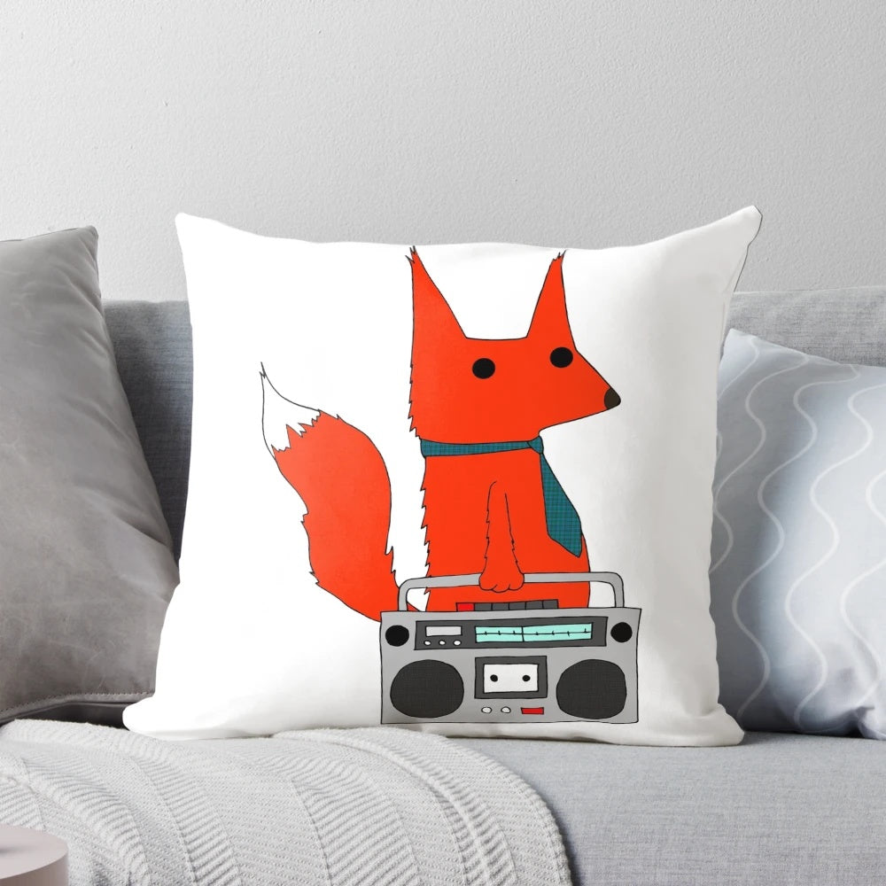 Soft, plush music fox pillow with a cute cartoon design featuring a red fox wearing a tie and headphones.