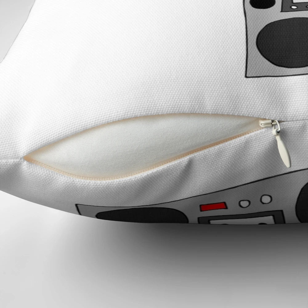 Soft, plush music fox pillow with a cute cartoon design featuring a red fox wearing a tie and headphones.