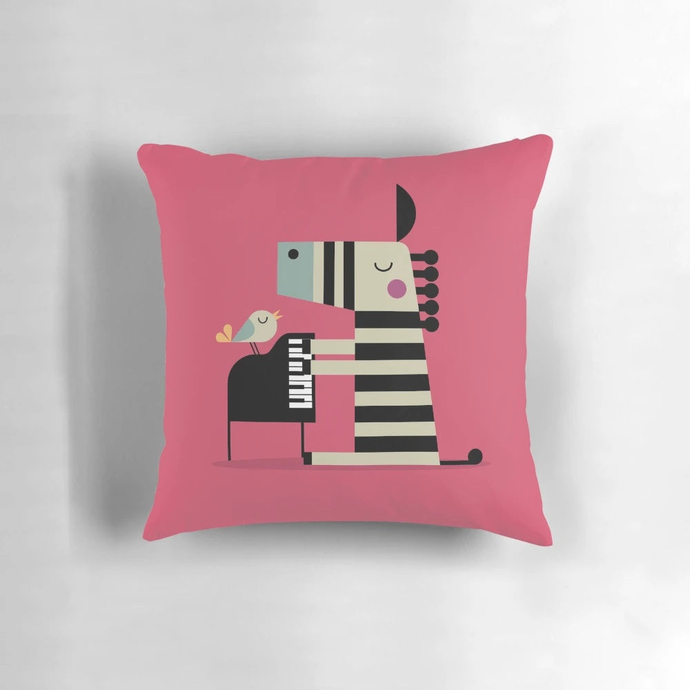 Charming music-themed zebra pillow with a whimsical design, perfect for kids' bedrooms and playtime.