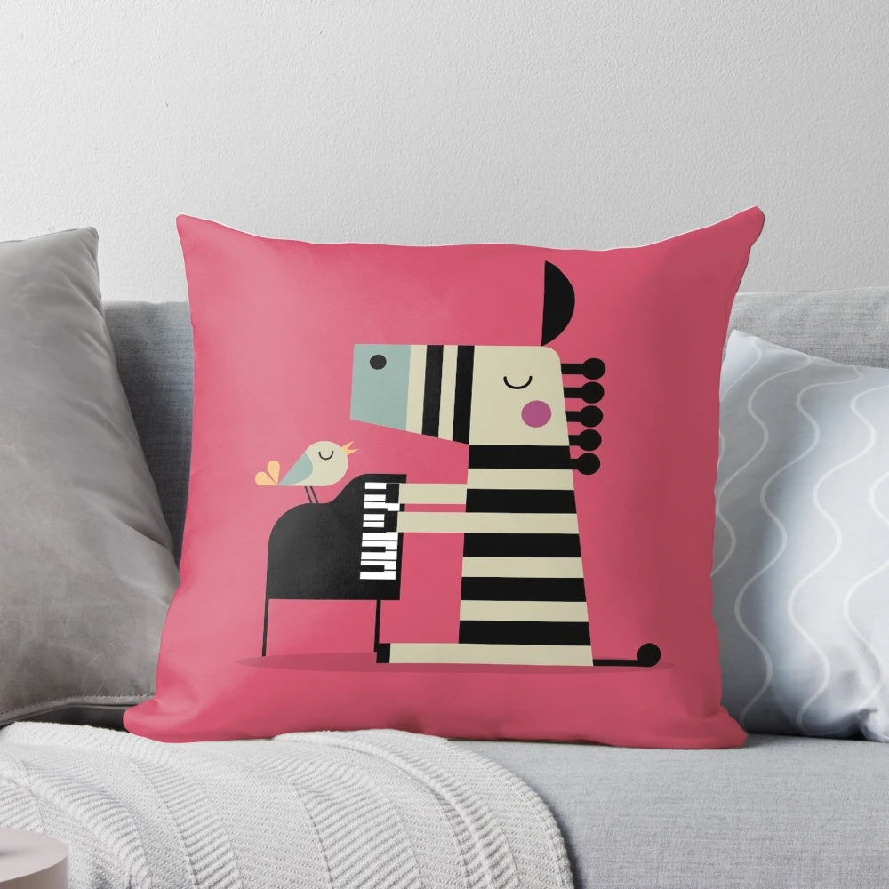 Charming music-themed zebra pillow with a whimsical design, perfect for kids' bedrooms and playtime.