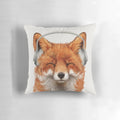 A photo-realistic smiling fox wearing a DJ headset and mustache on a soft, plush pillow.