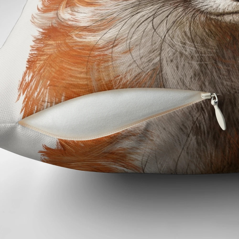 A photo-realistic smiling fox wearing a DJ headset and mustache on a soft, plush pillow.