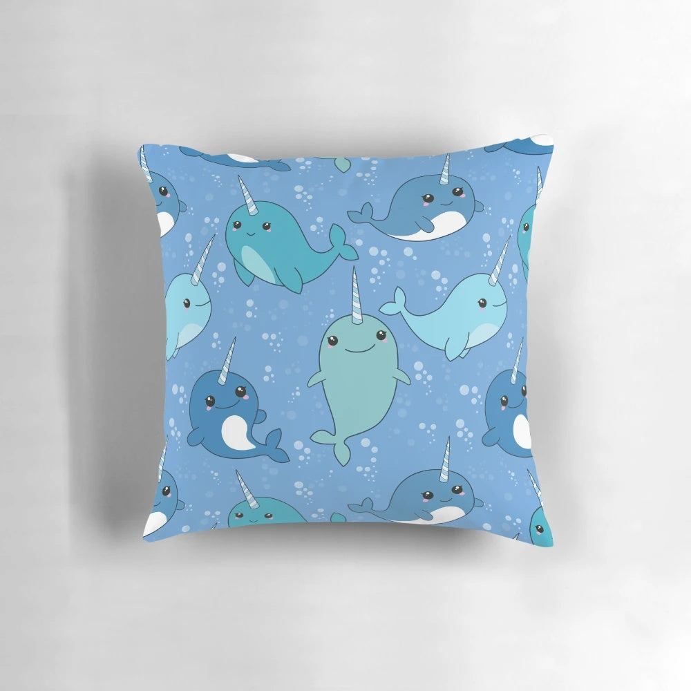 Soft, plush narwhal-patterned pillow with a cute, kawaii design.