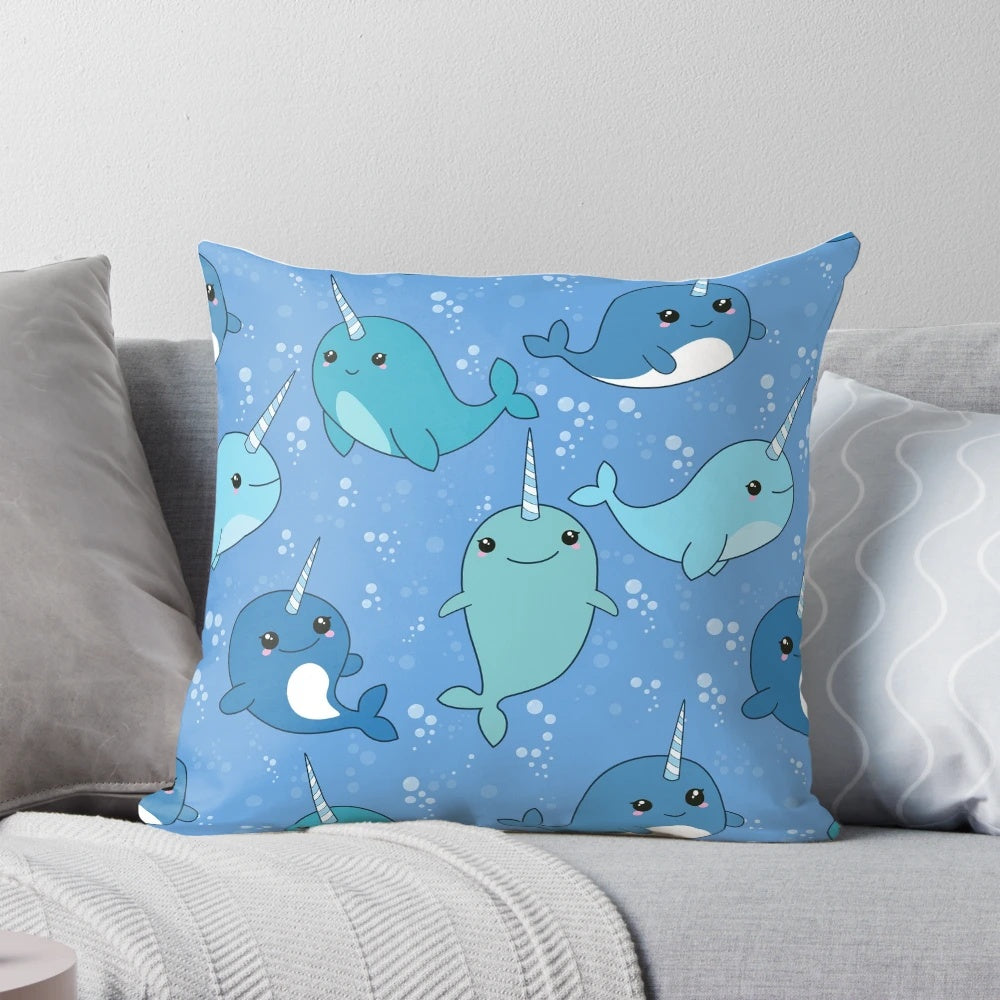 Soft, plush narwhal-patterned pillow with a cute, kawaii design.