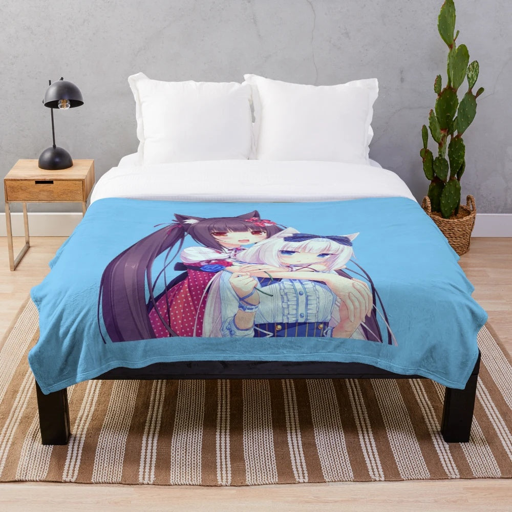 Soft, cuddly plush blanket featuring a kawaii chibi catgirl character inspired by the Nekopara anime series