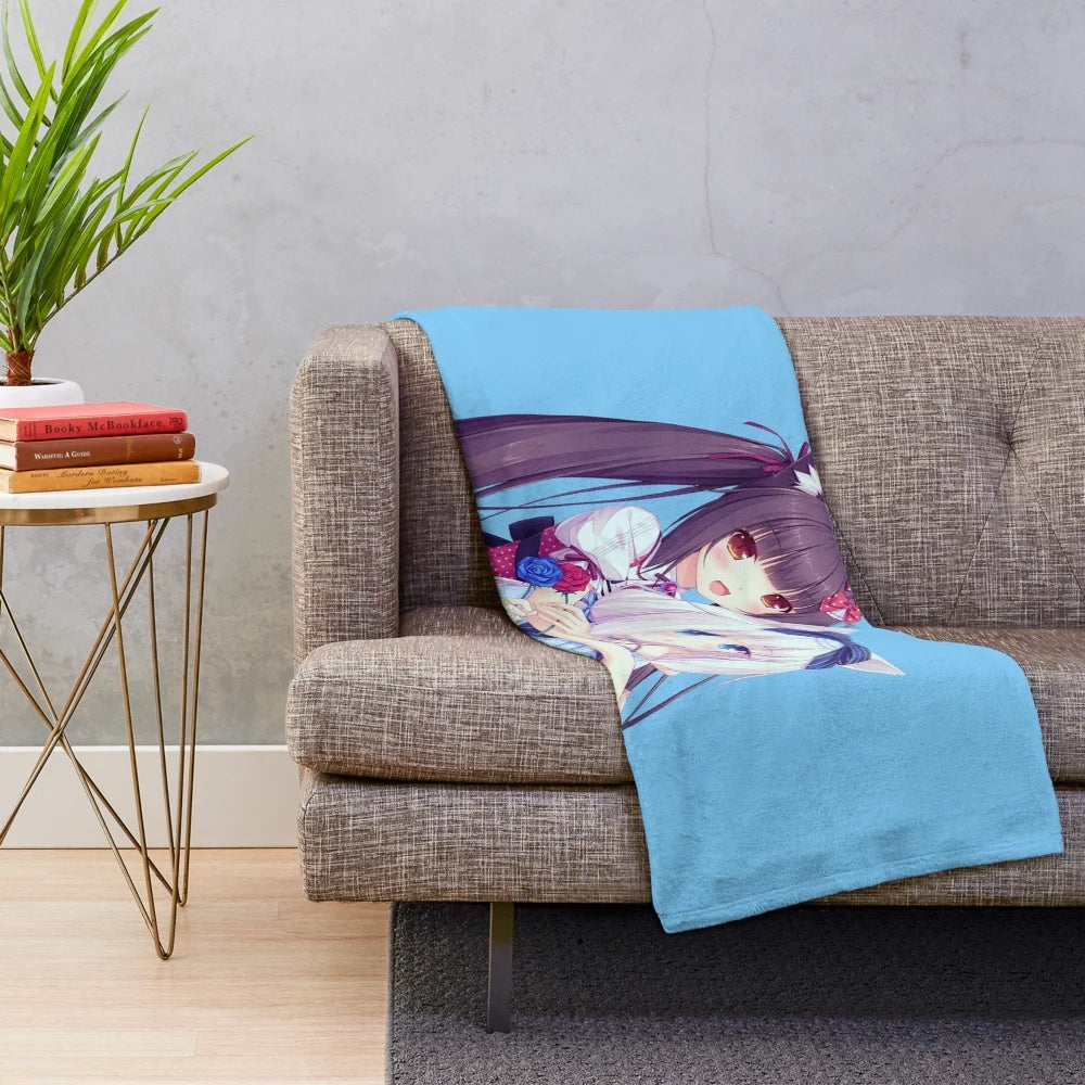 Soft, cuddly plush blanket featuring a kawaii chibi catgirl character inspired by the Nekopara anime series