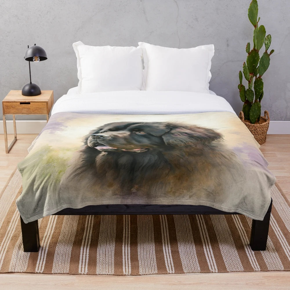 Cute watercolor illustration of a Newfoundland dog printed on a soft, plush blanket