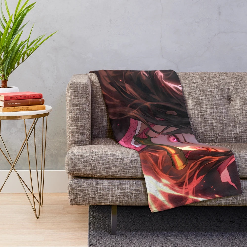 Nezuko-inspired plush blanket featuring a cute anime girl design