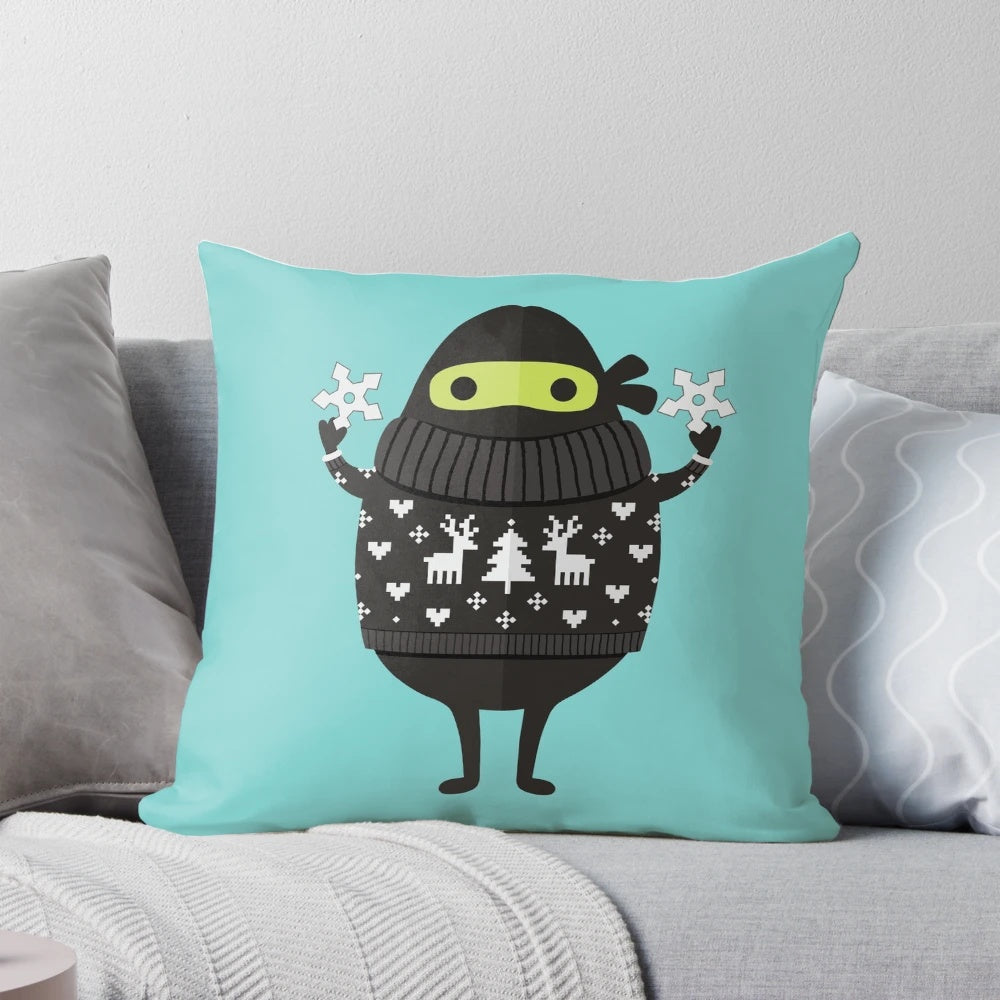 Cute cartoon illustration of Ninjacado, the avocado ninja, wearing an ugly holiday sweater on a plush decorative pillow.