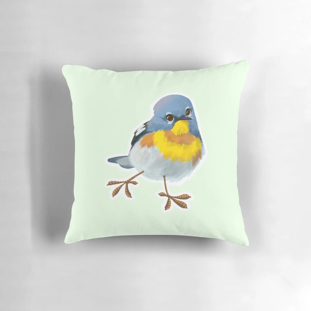 A colorful illustration of a Northern Parula bird, a small, cheerful warbler, on a soft, plush pillow.