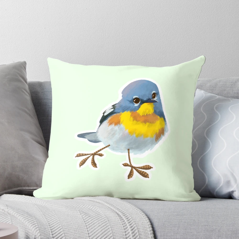 A colorful illustration of a Northern Parula bird, a small, cheerful warbler, on a soft, plush pillow.