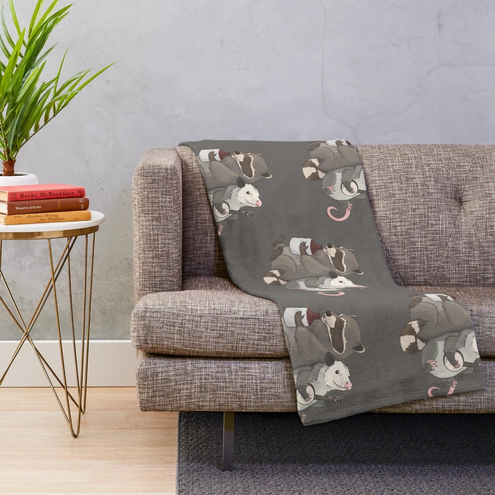 Opossum and raccoon playing banjo and jug on a plush blanket