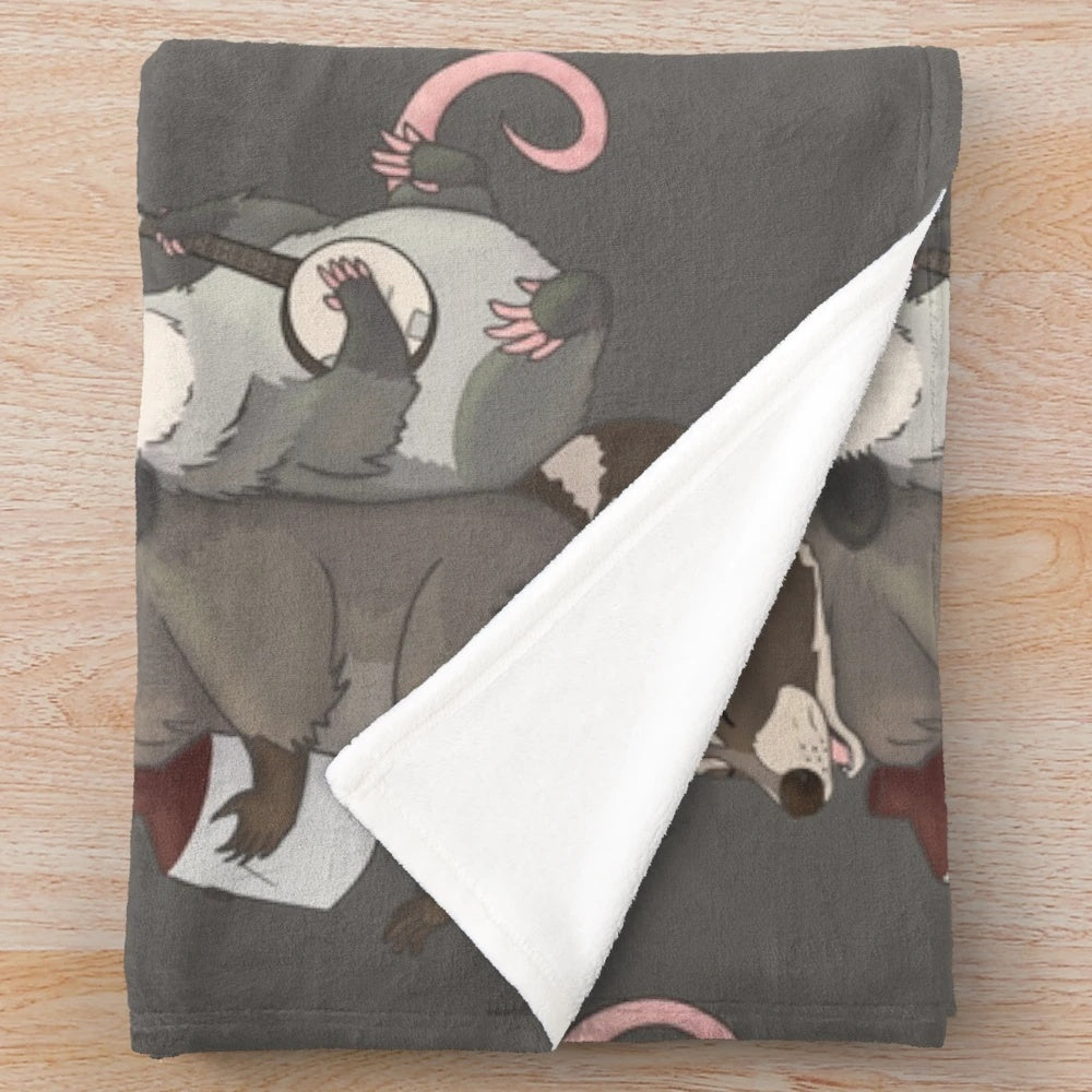 Opossum and raccoon playing banjo and jug on a plush blanket
