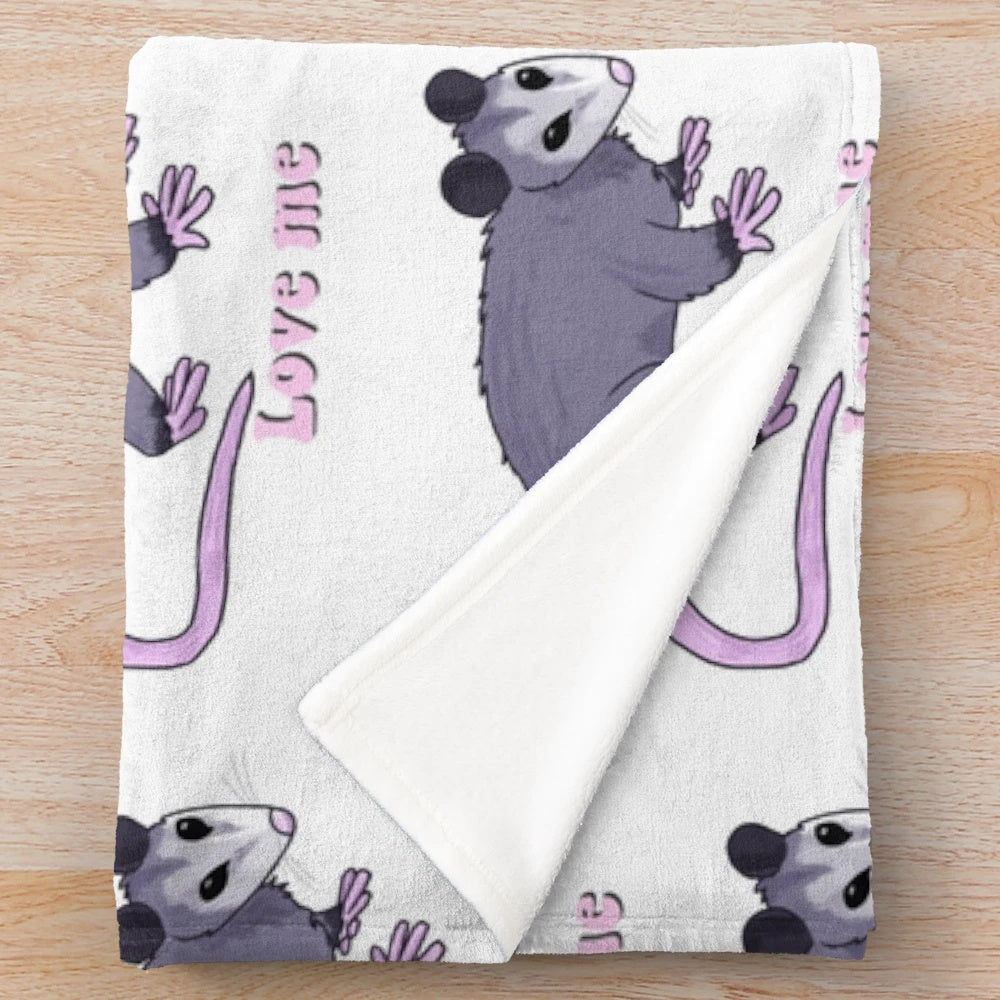 Opossum plush blanket with a cute, sketch-style design
