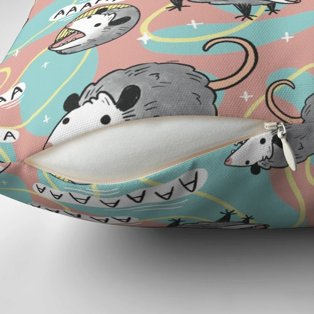 Cute and whimsical opossum pillow with a screaming expression, perfect for adding a touch of retro-inspired nature decor to your home.