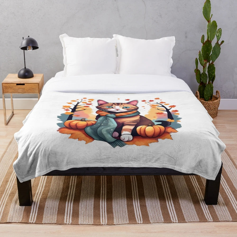 Soft and cozy orange tabby cat plush blanket featuring autumn-themed illustrations
