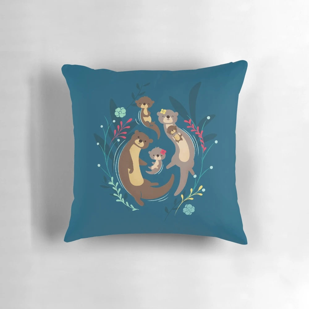 Soft, plush otter family decorative pillow with a retro, happy design