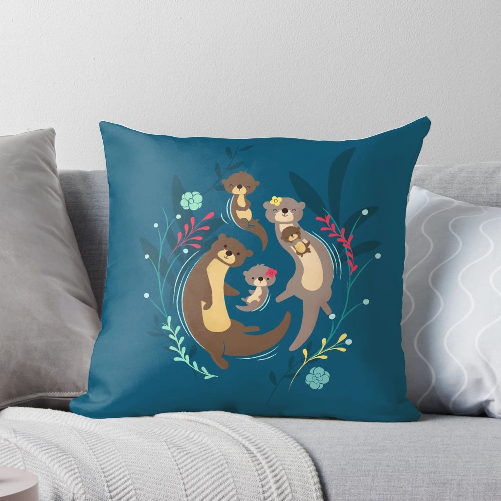 Soft, plush otter family decorative pillow with a retro, happy design