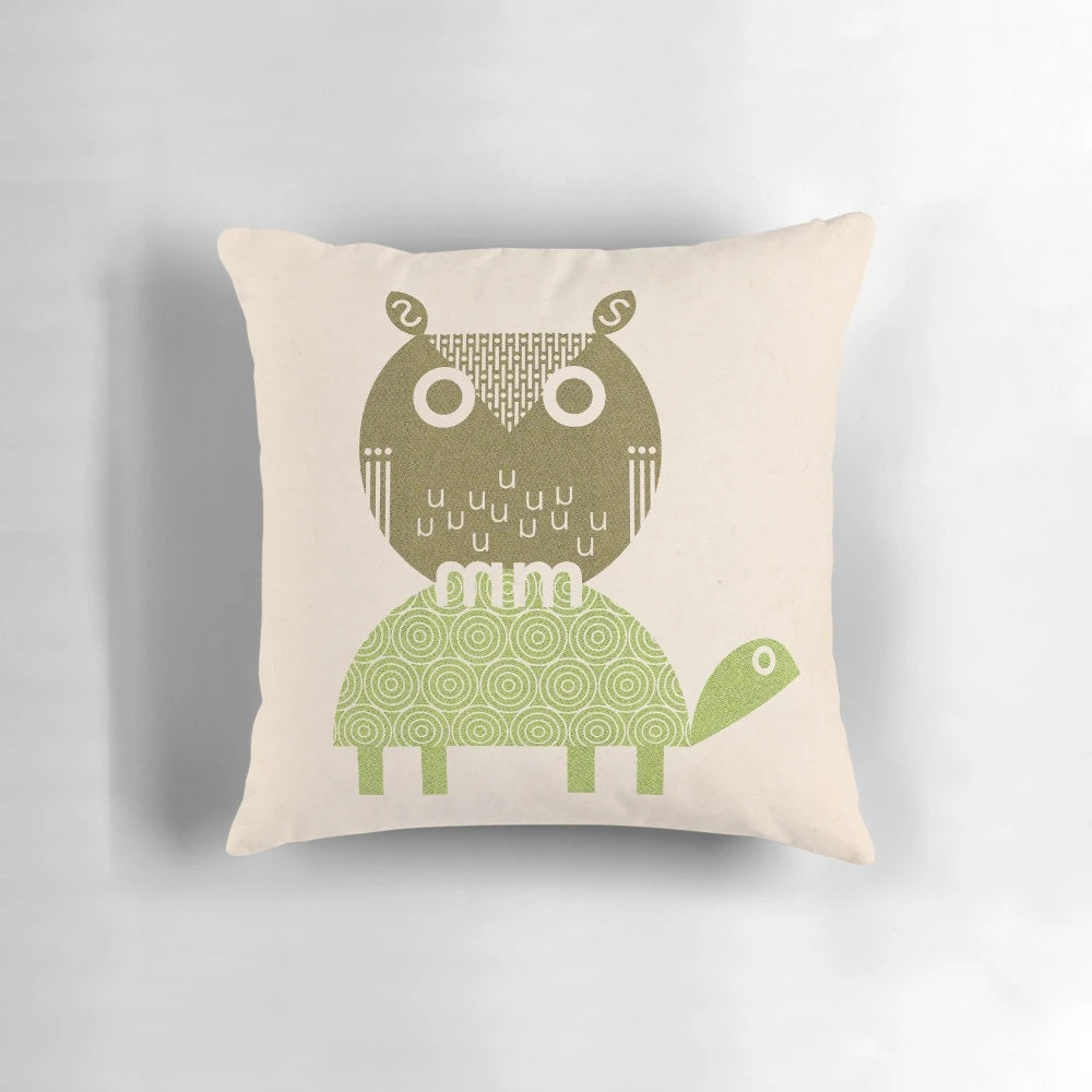 Vibrant digital illustration of an owl and turtle on a soft, plush pillow