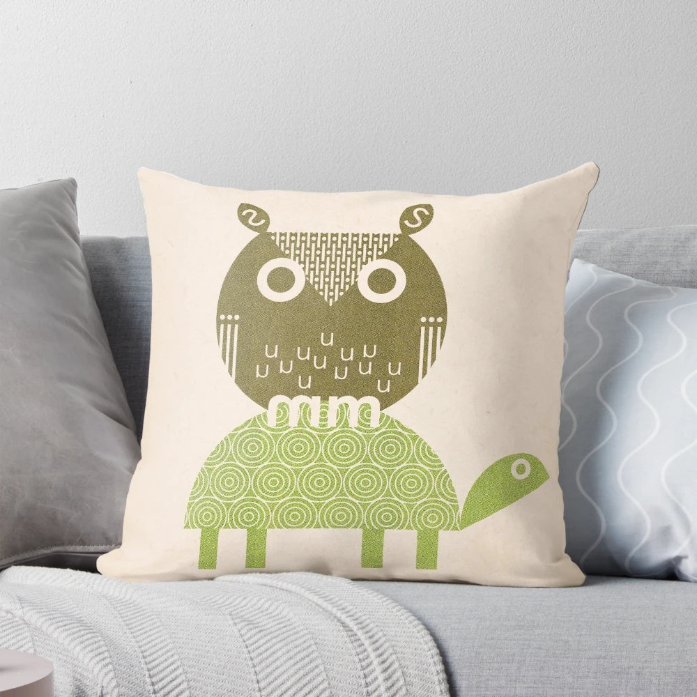 Vibrant digital illustration of an owl and turtle on a soft, plush pillow