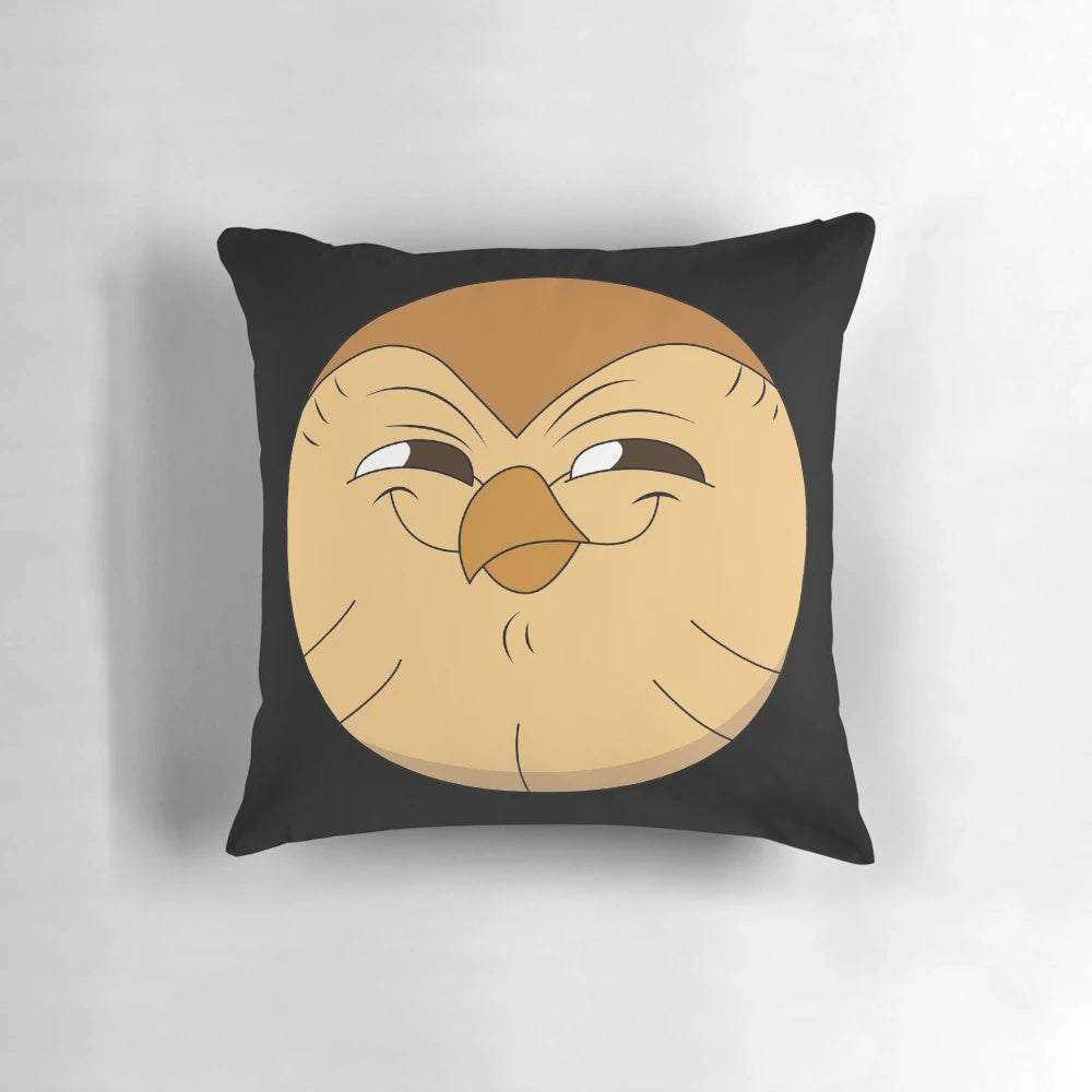 A soft, fluffy pillow featuring the character Hooty from the popular cartoon series The Owl House.