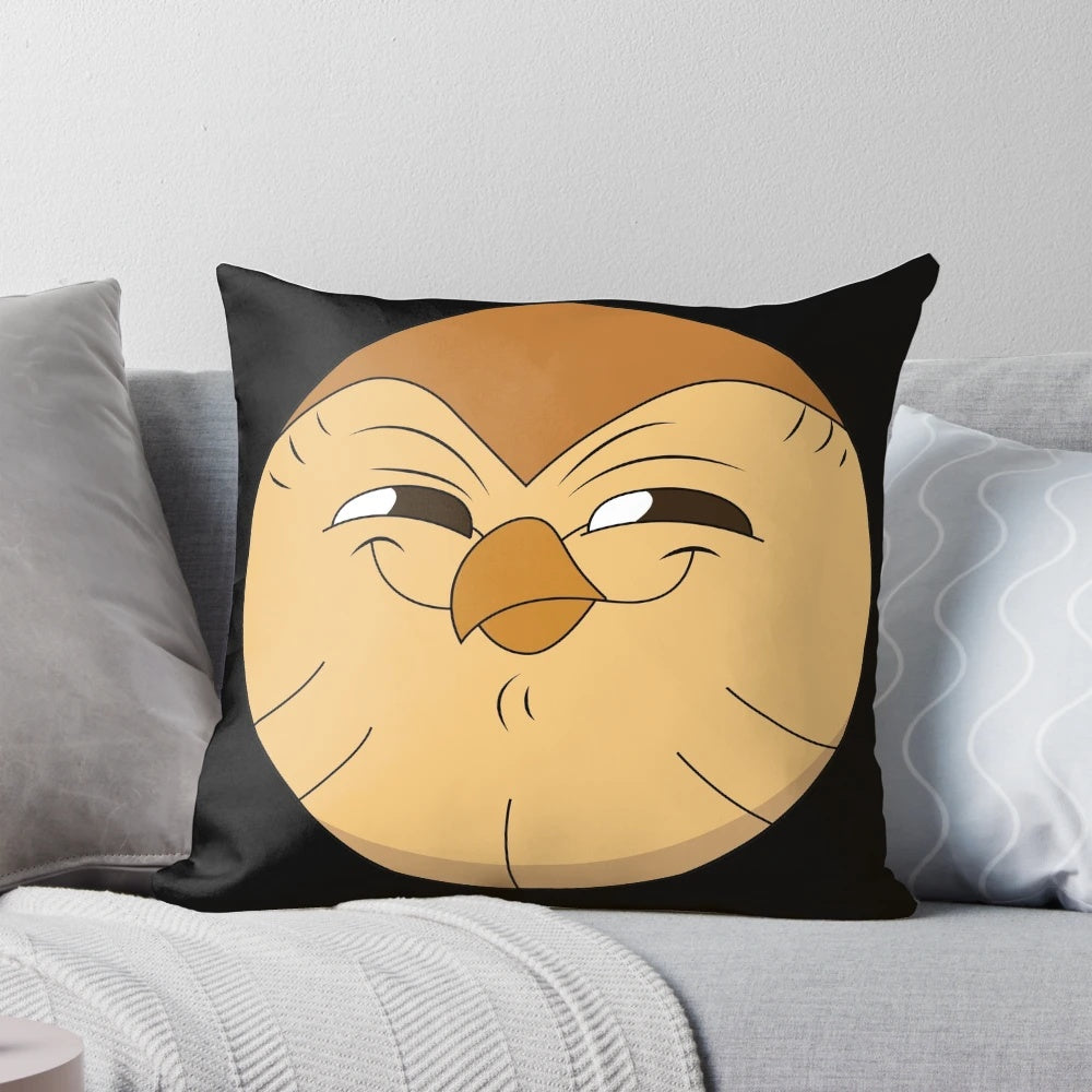 A soft, fluffy pillow featuring the character Hooty from the popular cartoon series The Owl House.