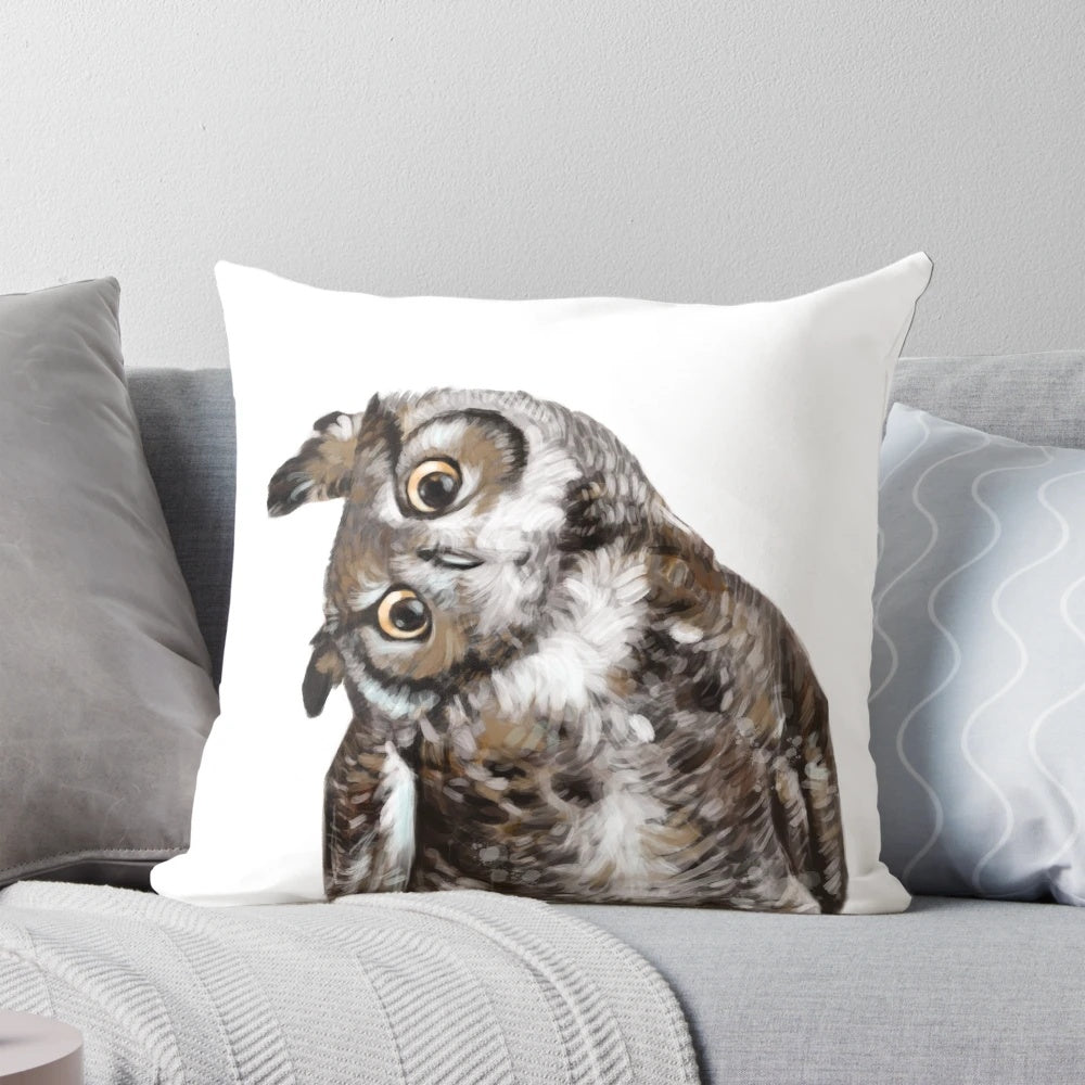 Soft, plush owl-shaped pillow in neutral colors for a natural, woodland-inspired look.