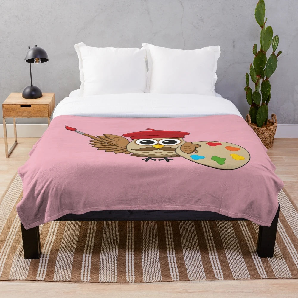 Cute cartoon painter owl plush blanket with paintbrush and palette