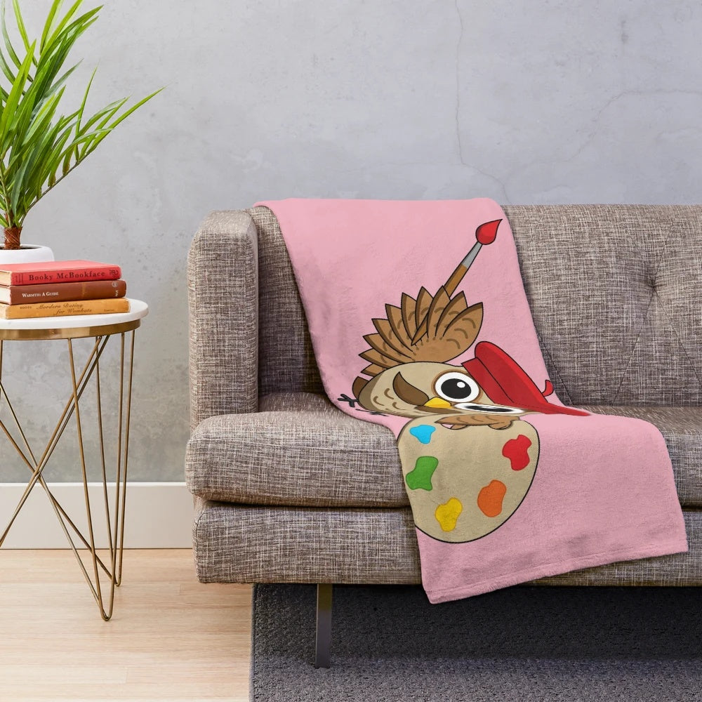 Cute cartoon painter owl plush blanket with paintbrush and palette