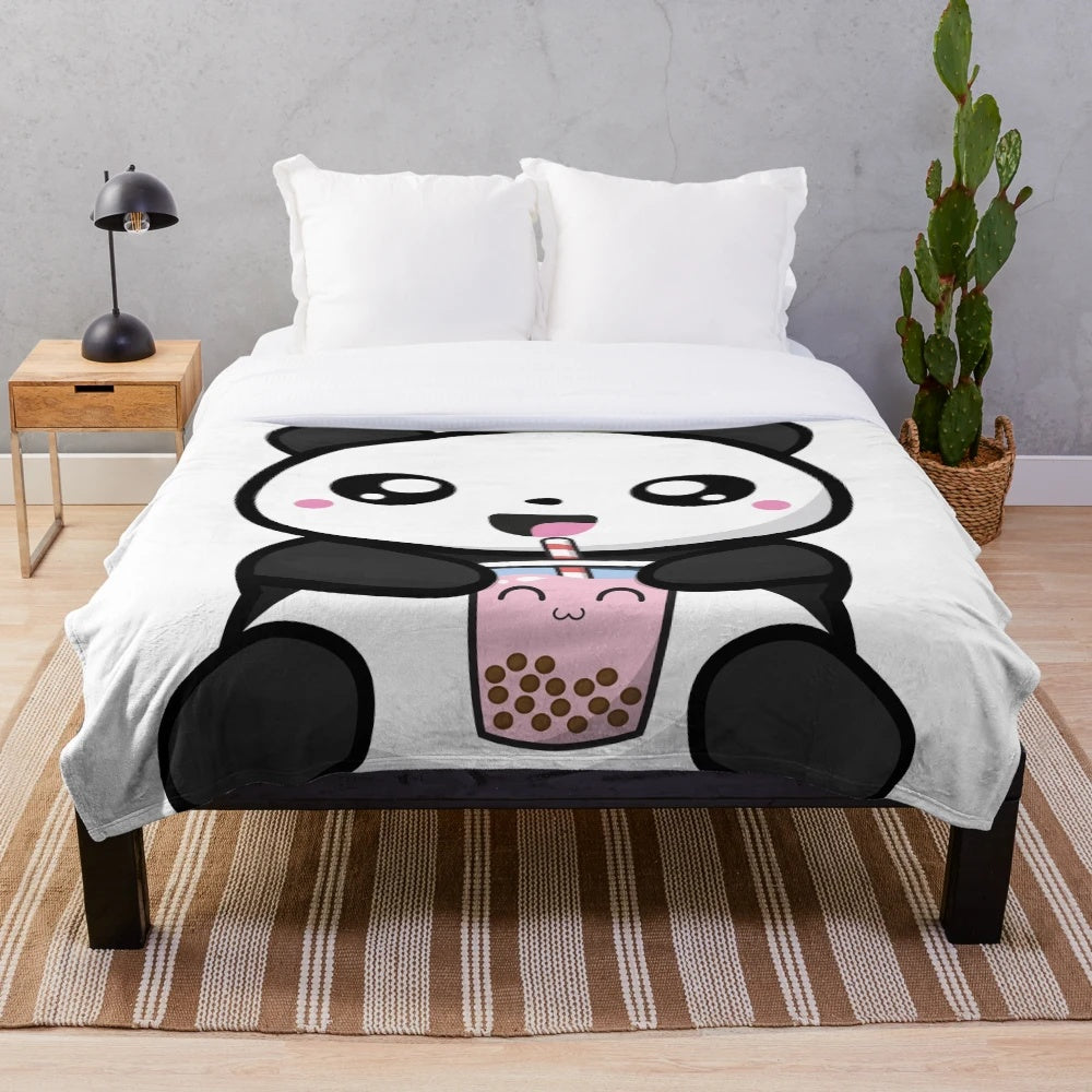 Panda plush blanket with kawaii boba tea design