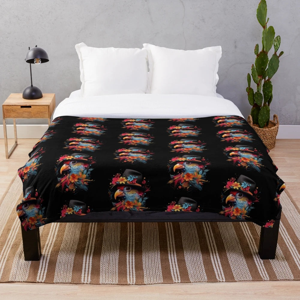 Plush blanket featuring a cute, colorful parrot wearing a fedora hat