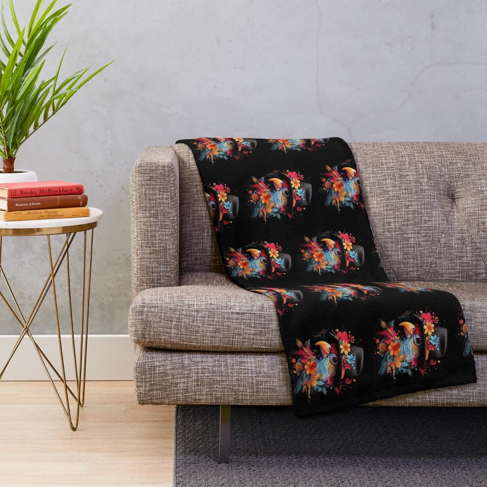 Plush blanket featuring a cute, colorful parrot wearing a fedora hat