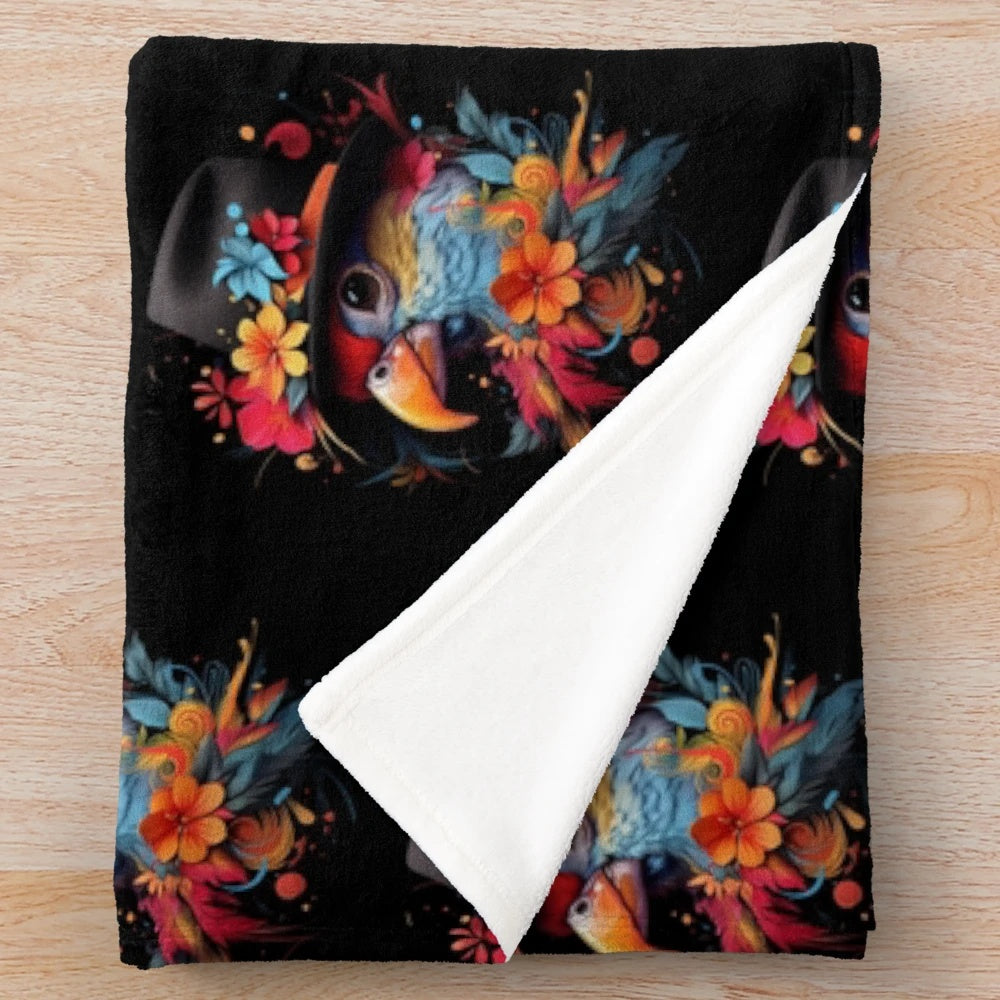 Plush blanket featuring a cute, colorful parrot wearing a fedora hat