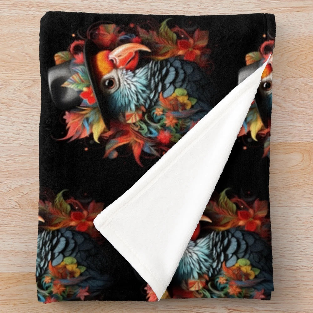 Soft and cuddly parrot plush blanket with a charming top hat design
