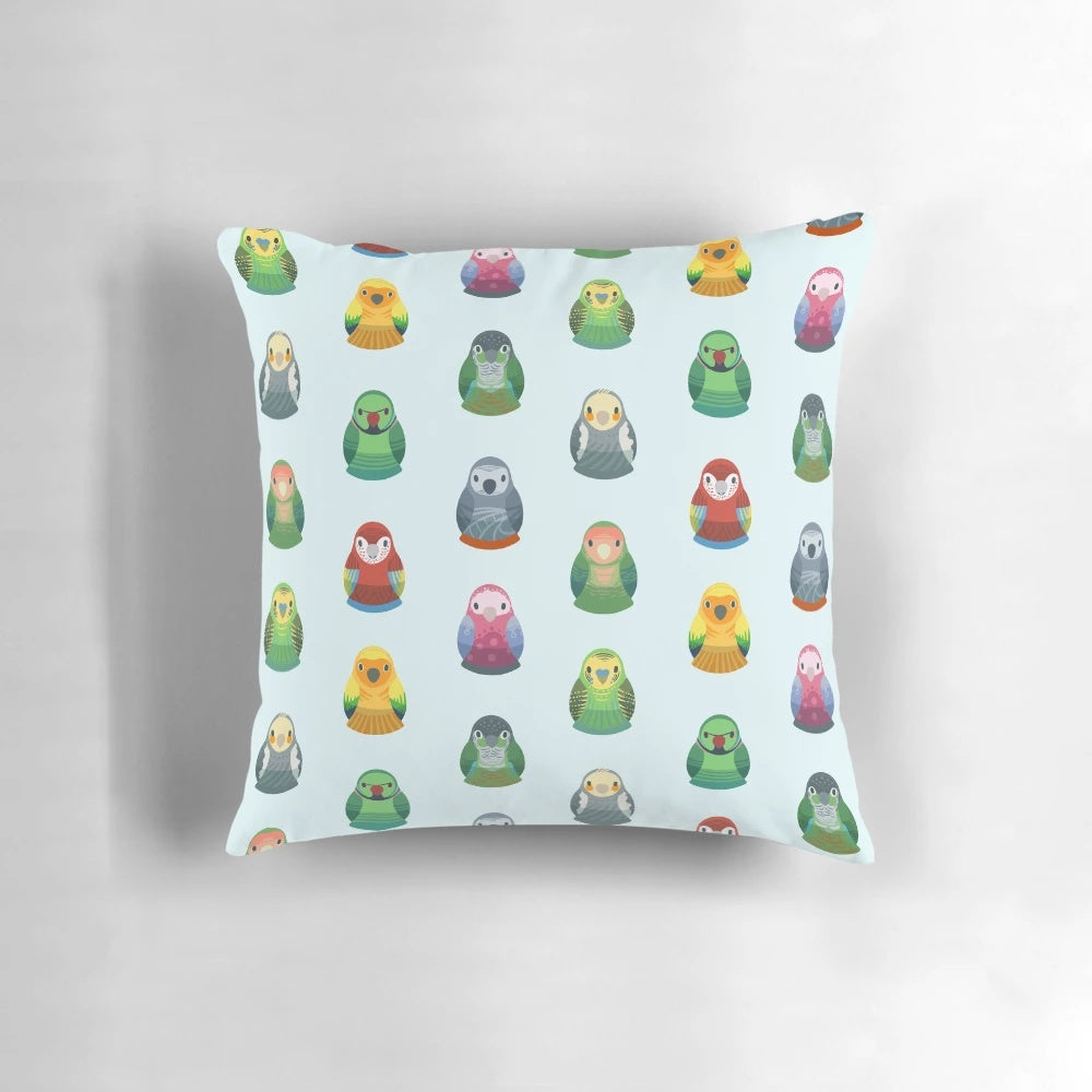 Parrot nesting doll pattern decorative throw pillow with birds and lovebirds