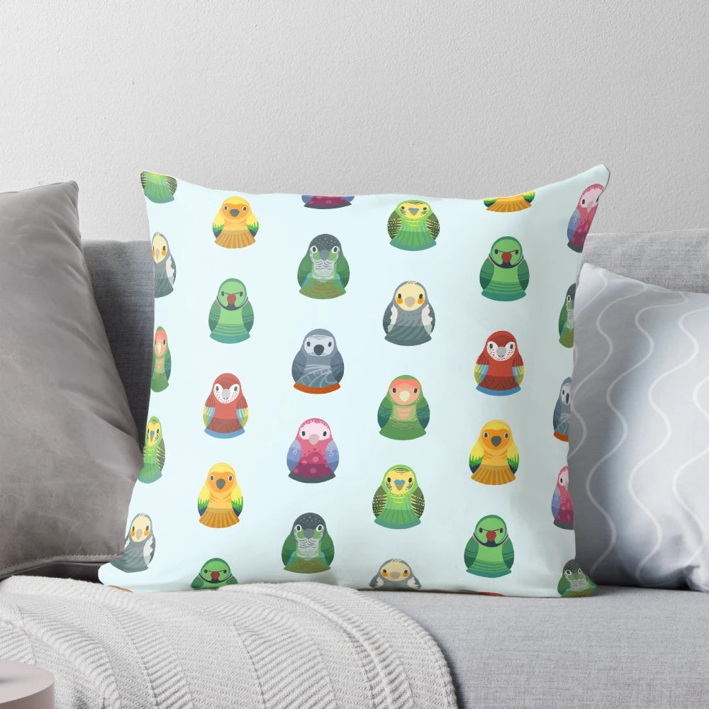 Parrot nesting doll pattern decorative throw pillow with birds and lovebirds