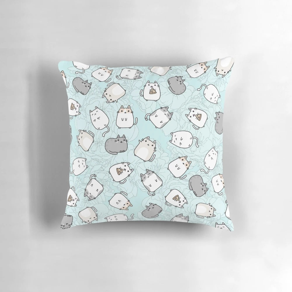 Soft, plush throw pillow featuring a whimsical pastel cat design