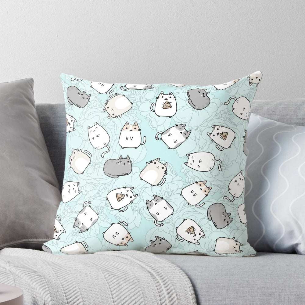 Soft, plush throw pillow featuring a whimsical pastel cat design