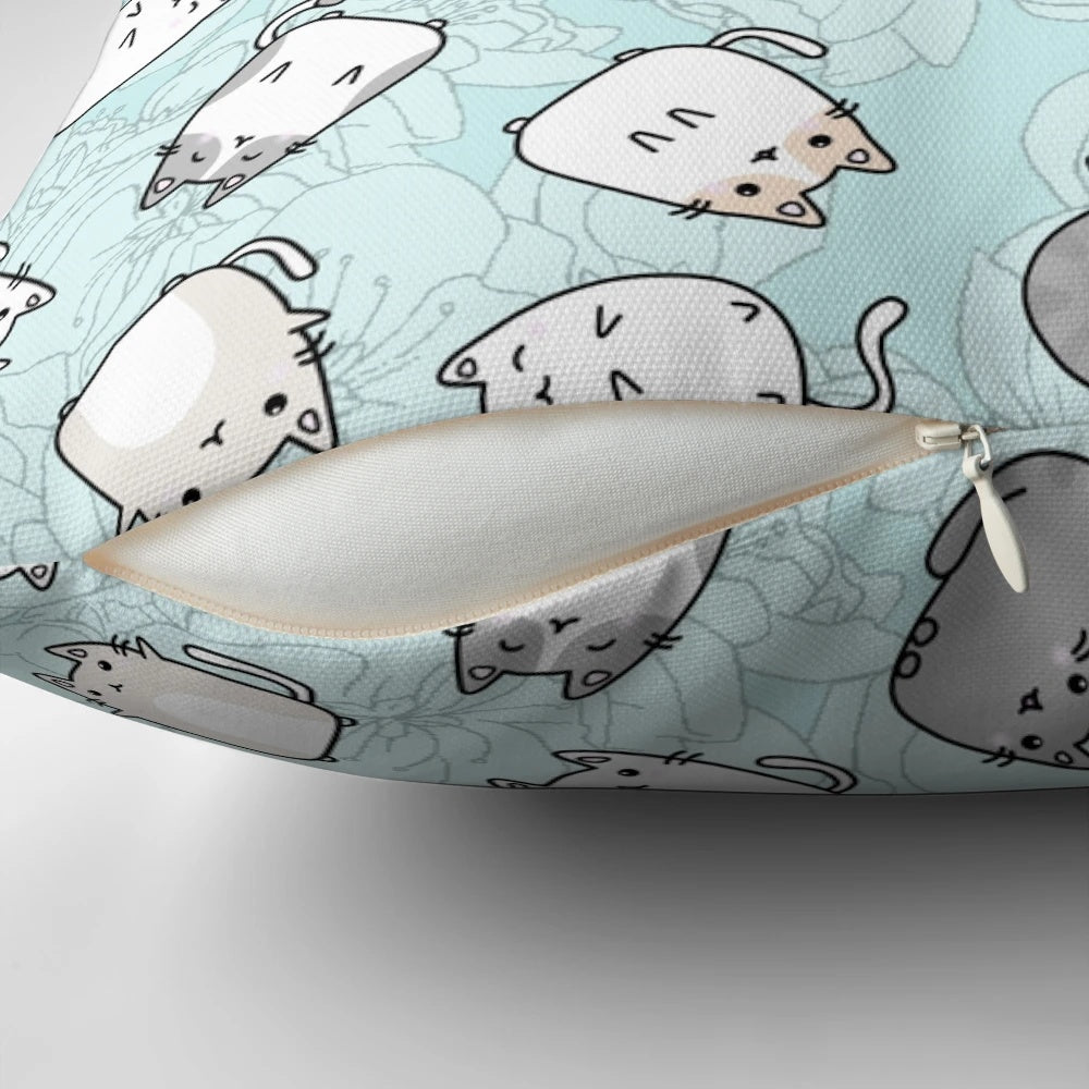 Soft, plush throw pillow featuring a whimsical pastel cat design