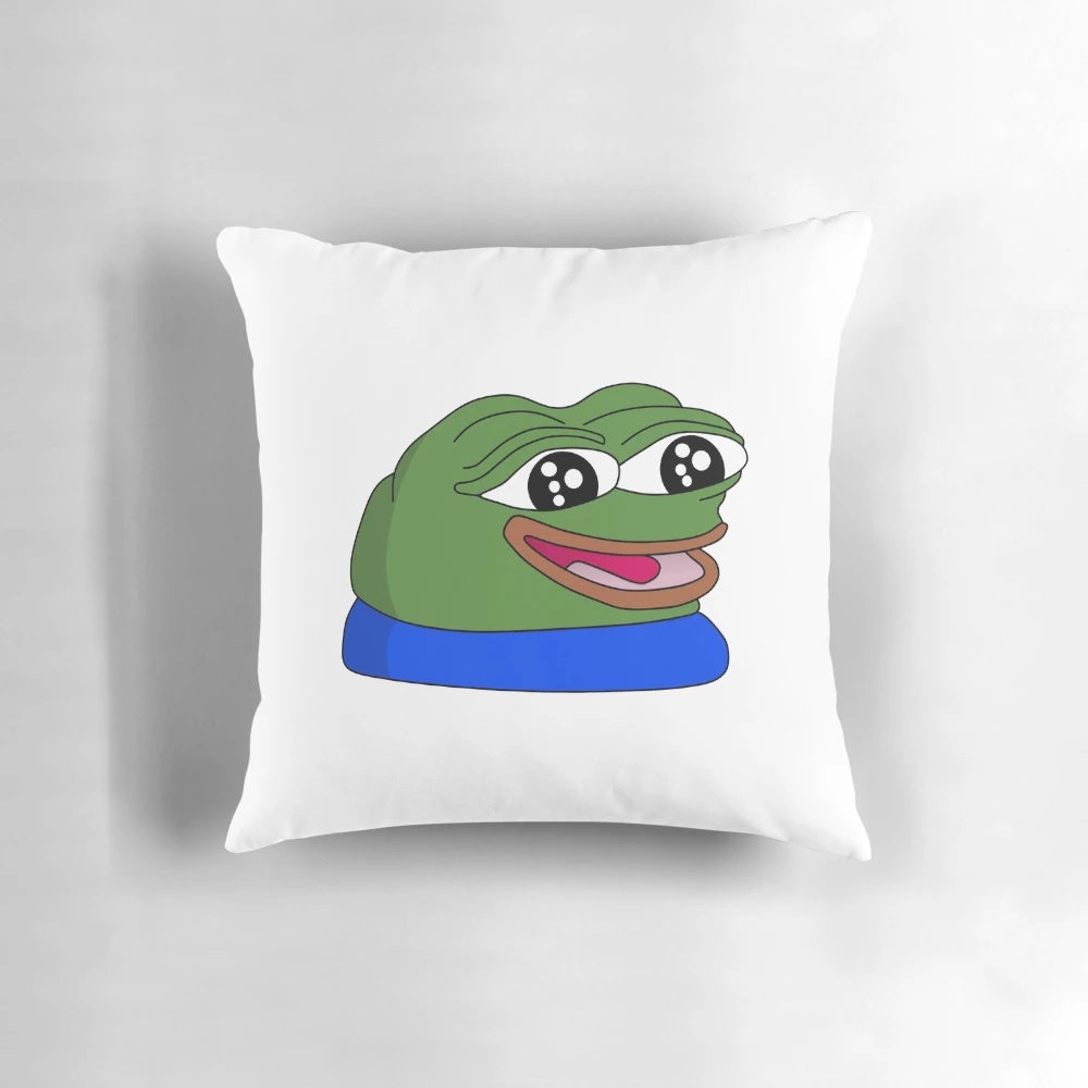 A plush, soft peepoHappy pillow featuring the popular Twitch emote and Pepe the Frog design