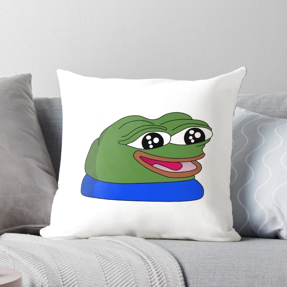 A plush, soft peepoHappy pillow featuring the popular Twitch emote and Pepe the Frog design