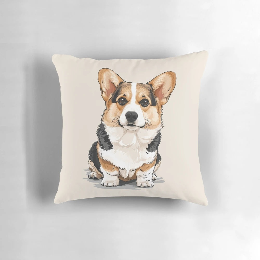 Cute fluffy Pembroke Welsh corgi dog illustration on a soft, cozy pillow