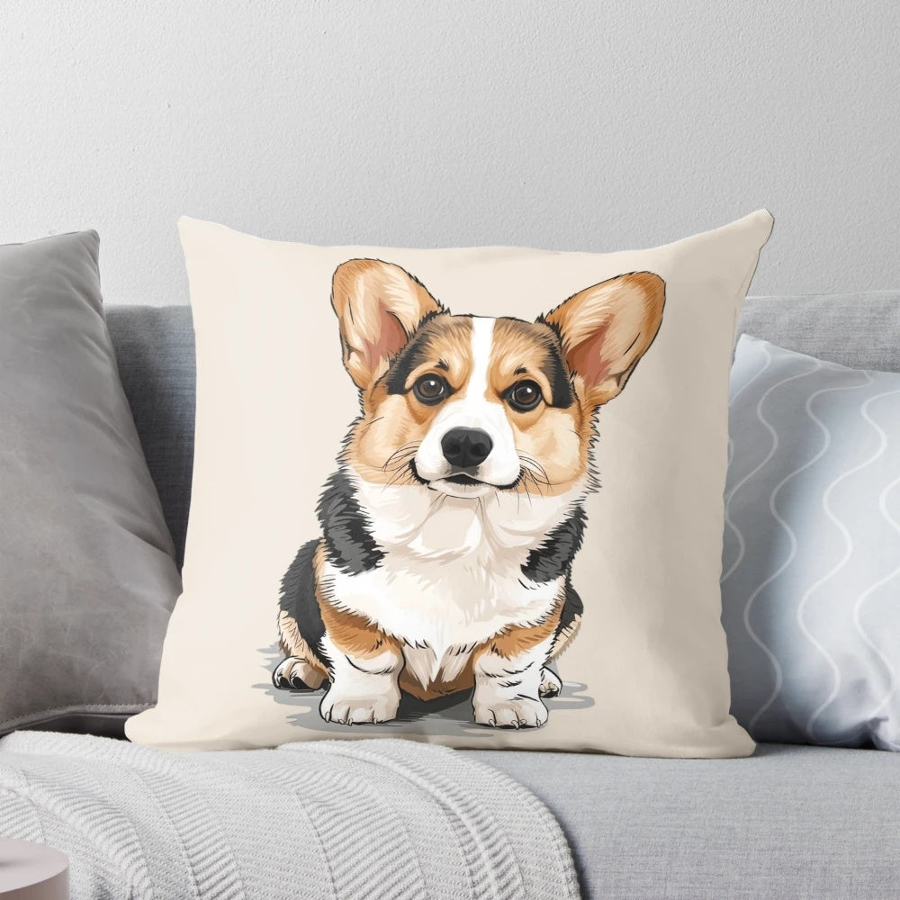 Cute fluffy Pembroke Welsh corgi dog illustration on a soft, cozy pillow