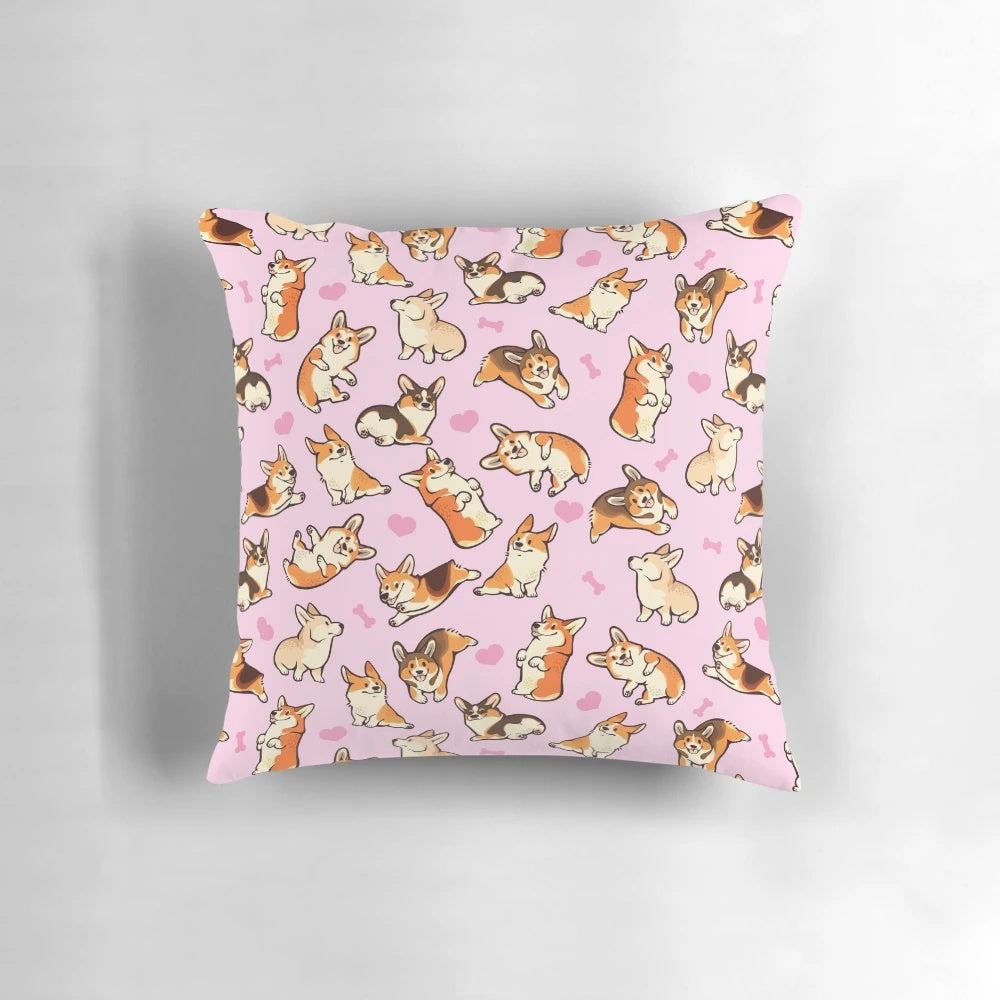 Soft, plush pillow featuring a cute Pembroke Welsh corgi in a pink pattern design.