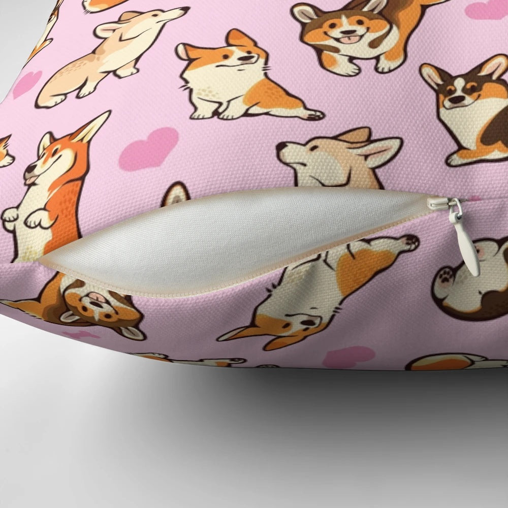 Soft, plush pillow featuring a cute Pembroke Welsh corgi in a pink pattern design.