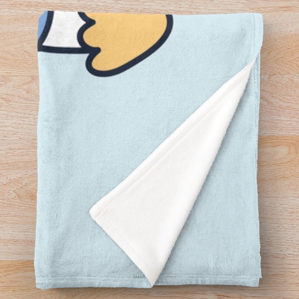 Cute penguin holding a boba tea cup on a soft, cozy plush blanket