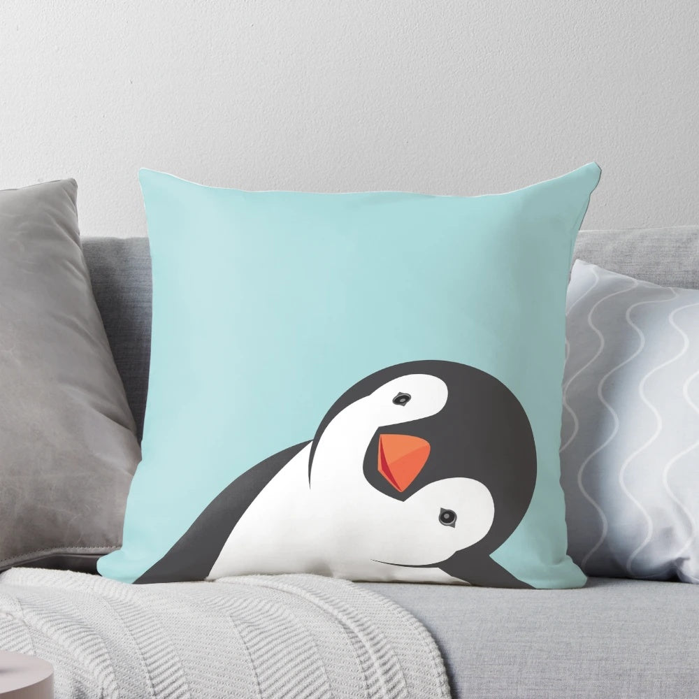 Soft, cuddly penguin plush pillow in teal and white vector art design
